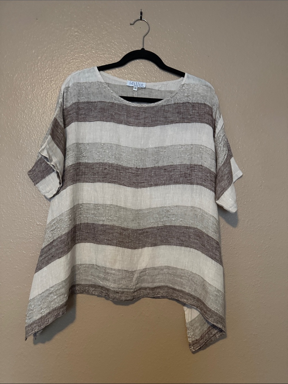 idillio Positano Cream and Brown Striped 100% Linen Top with unique hemline